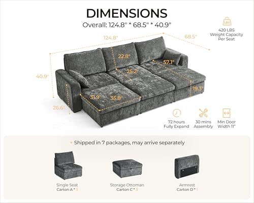 Bedeep 124.8'' Oversized Modular Sofa Comfy Cloud Couch with Storage, Deep Convertible Sectional Sleeper Sofa Bed for Living Room, 6-Seater with 3 Ottomans, Chenille, Grey