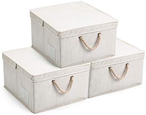 MaidMAX Collapsible Storage Bins with a Half-or-Full Lid, Clear Label Holder, and 2 Cotton Rope Handles for Closet and Cabinet, Beige, 17.3x15.4x9.3 inches, Set of 3