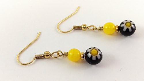 Yellow and Black Round Millefiori Glass Beaded Earrings