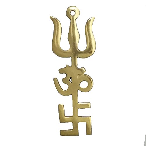 Divya Mantra Indian Traditional Trishul Om Swastika Pure Brass Yantra Spiritual Metal Wall Hanging Showpiece Ornament/Hindu Religious Trisakthi Vastu Pooja Item Collectible - Home Decor Gift