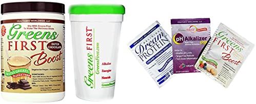 Greens First Boost, Dutch Chocolate, 10.5 ounces With FREE Shaker Cup and 3 Sample Packets (Samples May Vary)