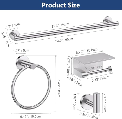 Bathroom Towel Bar Holder Sets, 5 Piece, Brushed Nickel Bathroom Hardware Set, Stainless Steel Toilet Paper Holder with Shelf Bathroom Accessories Kit Wall Mounted (Silver)