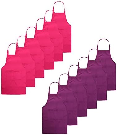 TSD STORY Total 12 PCS Plain Color Bib Apron Adult with 2 Front Pocket Pink+Purple