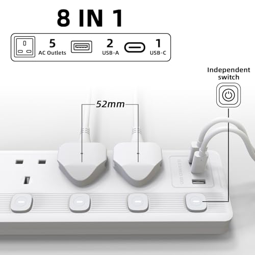WLV Extension Lead 3M, 5 Plug Extension Lead with 3 USB Slots, Plug Extension Socket with Individually Switch, White Wall Mounted Power Strip for Dorm, Kitchen, Living Room, Bedroom
