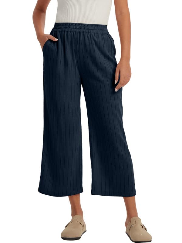Les umes Women's Summer 7/8 High Waist Linen Pants with Pockets | Comfy Linen Striped Printed Capri Wide Leg Palazzo