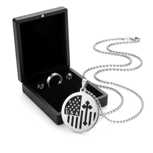 DUJUSXY 3-Piece Stainless Steel Jewelry Set for Men Women, Christian Cross & USA Flag Pendant Necklace with Black Stud Earrings & Plain Band Ring, Religious Patriotic Jewelry Collection (Black and White - Circular) at Amazon