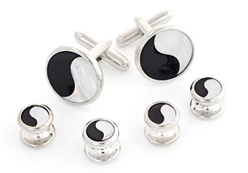 JJ Weston Mother of Pearl and Onyx Yin Yang Tuxedo Cufflinks and Shirt Studs. Made in the USA.