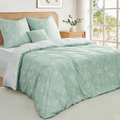 Duvetnova Bettwäsche 200X200 Blumen Grün Pflanzen Wende Weich Und Angenehm Öko-Tex Bettwäsche-Sets 1 Bettbezug 200X200 + 2 Kissenbezüge 80X80 -Alle Mit Reißverschluss