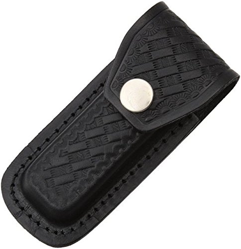 Sheath Folding Knife Sheath, Black leather w/embossed basketweave,3.5-4in closed SH1143