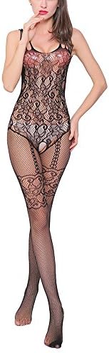 Aomtelove Sexy Women Lace Lingerie Teddy Stretch Fishnet Floral Crotchless Bodystockings Babydoll Open Crotch Tights Bodysuits Black