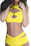 Prograce Women's Sexy Criss Cross High Waist Bandage 2PCS Bikini Set Swimsuit (L, Yellow)
