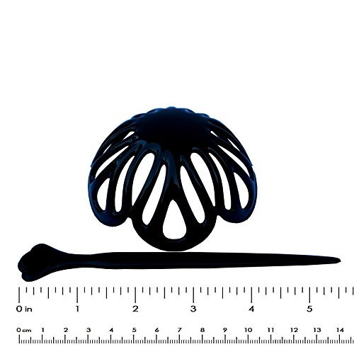 Parcelona French Radial Black Hair Slide Pin Thru Ponytail Holder Hair Updo Bun Cover Cap with Stick - 3.5 Inches Diameter