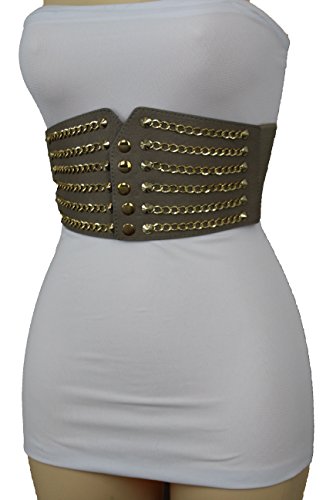 TFJ Women Fashion Corset Belt Wide Waist Gray Faux Leather S M Gold Chains