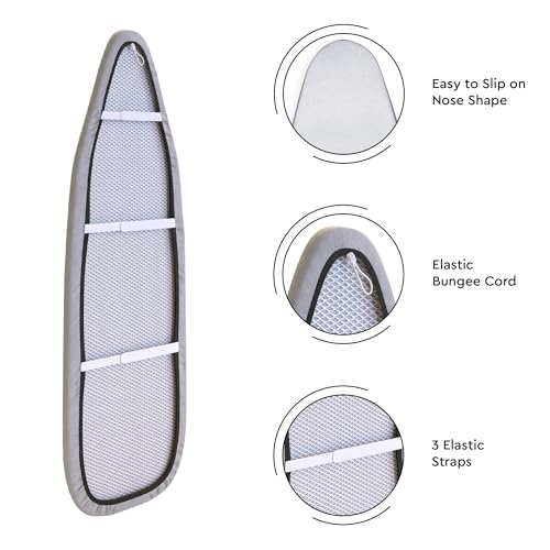 Encasa XO Ironing Board Covers and Pad135x45 cm - Metallised 'Silver Super Luxury' with Foam & Felt Pad, Fits X-Large Iron Boards - Heat Reflective, Scorch Resistant, Bungee Elasticated, 3 Fasteners