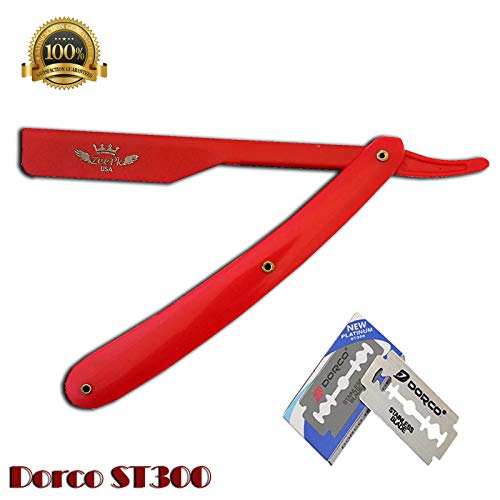 PROFESSIONAL STRAIGHT BARBER RAZOR CLEAN SHAVE CUT THROAT SHAVETTE + FREE BLADES STRAIGHT EDGE FOLDING KNIFE BLADE AFEITADO RAPADA USA SALON SHAVING CLASSIC STAINLESS STEEL (Red Razor Holder)