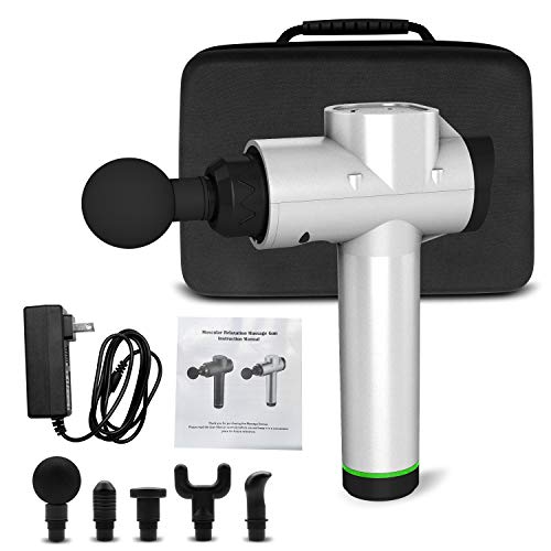 Massage Gun, Upgraded 20 Adjustable Speed Deep Tissue Percussion Muscle Rechargeable Massager - with 6 Massage Heads and Portable Bag for Deep Handheld Muscle Tissue Electric Body Massage, Silver