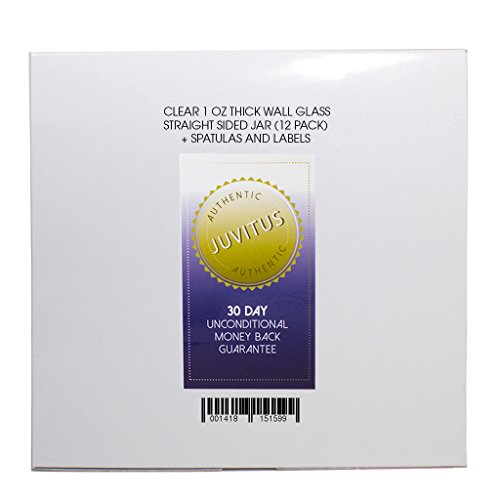 Clear 1 oz Thick Wall Glass Straight Sided Jar (12 Pack) + Spatulas and Labels - Airtight, Smell Proof, BPA Free Lids
