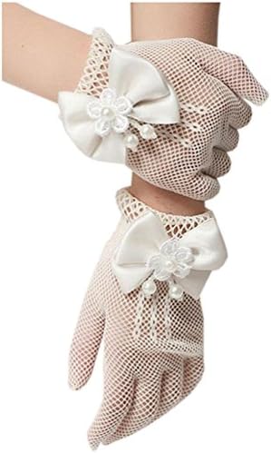 Theplus Pageant Girls Wrist Length Bowknot Net Yarn Gloves ( Age 8-14) Beige