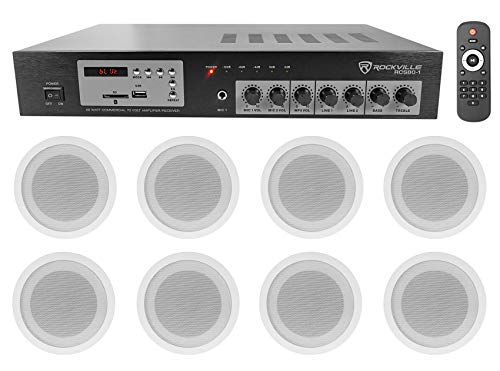 Rockville Commercial 70v Amp+(8) White 5″ Ceiling Speakers 4 Restaurant/Bar/Cafe