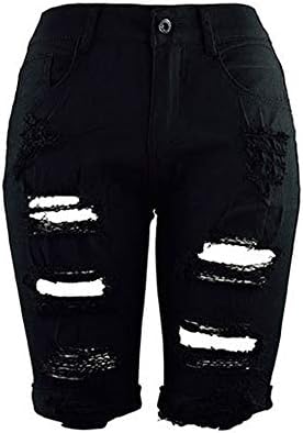 yijiamaoyiyouxia Summer Women Fashion Destroyed Holes Denim Short Pants Knee Length Jeans Calf Casual Shorts