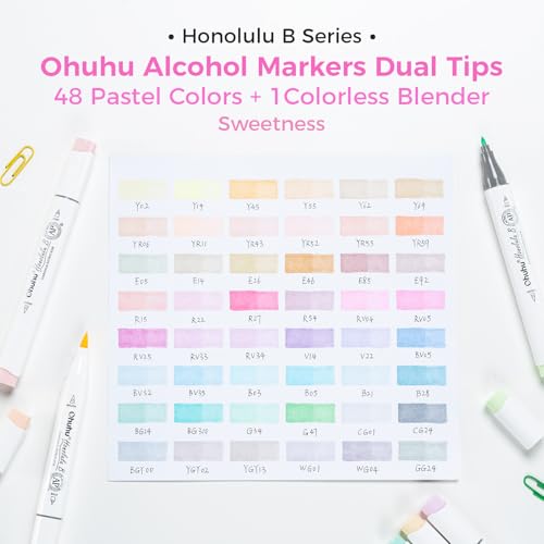 Ohuhu Marcadores Pasteles Punta Pincel, Marcadores Alcohol Doble Punta para Artistas Adultos Colorear Ilustración, 48 Colores Pastel +1 Mezclador + Estuche, Punta Pincel y Fina