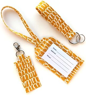 Travel Accessories Set - Luggage Tag, Chapstick Holder, Keychain Wristlet Made of Mustard Yellow Organic Fabric