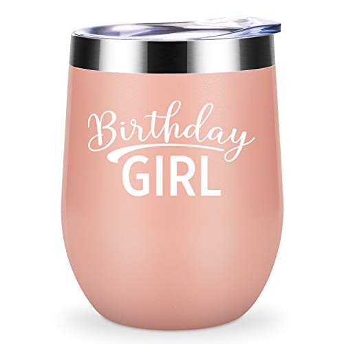 Birthday Girl - LEADO 12 oz Stainless Steel Insulated Wine Tumbler with Lid and Straw, Stemless Novelty Sippy Cup, Perfect Girl’s Funny Gift for Birthday, Valentines (Blush Gold) - Thumbnail 7
