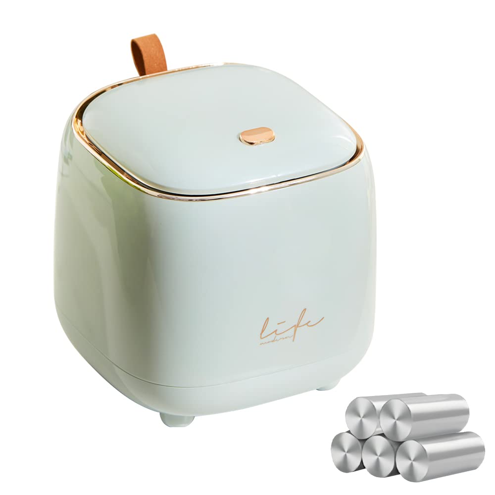 Photo 1 of Mini Countertop Trash Can with 5 Rolls of Trash Bags, Waste Can with Press Type Lid, 0.5 Gallon/1.5 Liter Wastebasket Trash Can Dispenser, Mini Bin for Bathroom Vanity,Coffee Table (Light Green)