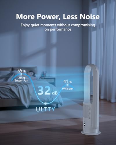 U ULTTY Bladeless Fan with Air Purifier, Quiet Tower Fan with Remote, Touch, 9 Speeds, 8H Timer, HEPA Filter 99.97%, 90° Oscillation Fans, Floor Fans Powerful for Home Office Room, CR022D White