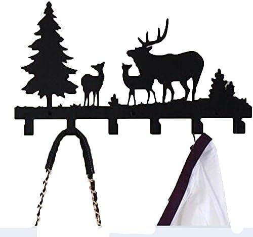Newweic Decorative Iron Hook Large Capacity Rack with 3 Screws for Coat Umbrella Keys Wall Hanging (deer in forest)