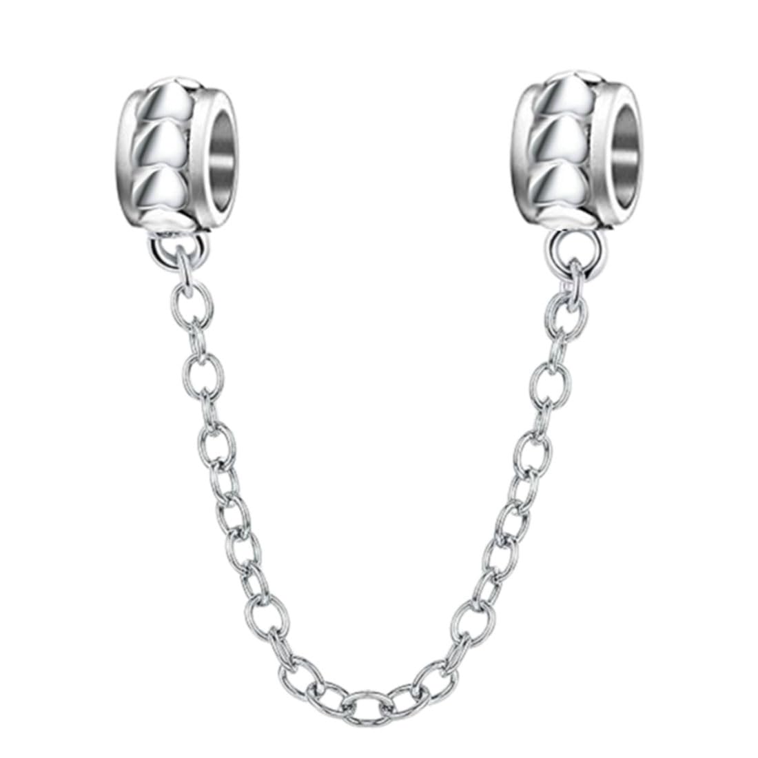 925 Sterling Silver Heart Charm Chain Charm Clasp Safety Clip Stopper Charm Spacer Charm Anniversary Charm Birthday Charm for Pandora Charms Bracelet (Silver)