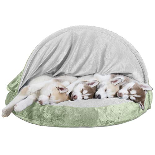 Furhaven Pet Dog Bed | Orthopedic Round Cuddle Nest Micro Velvet Snuggery Blanket Burrow Pet Bed w/ Removable Cover for Dogs & Cats, Sage, 35-Inch