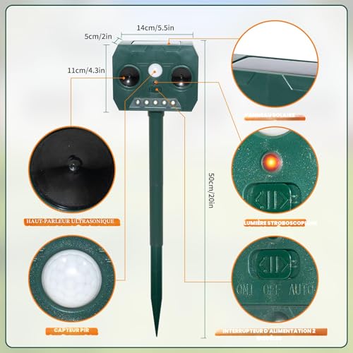 RAYGARD 2 x Outdoor Cat Repellent, Ultrasonic Solar Repellent for Dogs, Waterproof IP45, 12 m, 120 °, Garden Pet Scarer with LED Light for Cats, Dogs, Foxes, Martens
