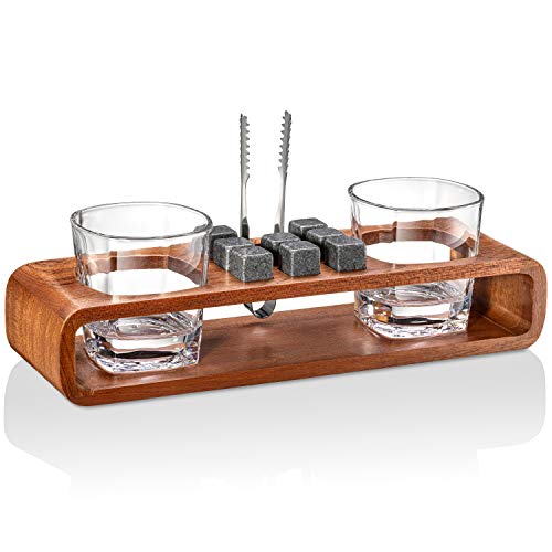 ROCKSLY Whiskey Stones Gift Set with Stand | Handcrafted Whiskey Glass Set Granit Whiskey Rocks for Perfect Drink | Whiskey Gift Set & Whiskey Kit | Best Whisky Stones Glass Set for Men dad (Mahogany)