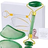Jade Roller for Face Eye Gua Sha Scraping Massage Tool Set - Remove Wrinkles Puffiness, Body Facial Skin Lymphatic Massager - Teamkio Himalayan Jade Stone Kit with Gift Case