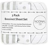 NODNAL CO. Bassinet Fitted Sheet Set 3 Pack 100% Jersey Gray Cotton for Baby Girl/Boy - Grey Chevron, Polka Dot and Stripe 160 GSM Sheets