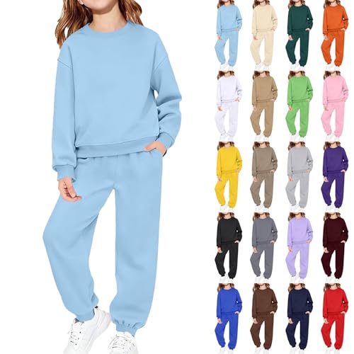 Kids Girls Boys Plain Tracksuit Set Loose Athletic Performance Crew Neck Sweatshirt and Loose Casual Sweatpants Co Ord Set Solid Color Activewear Sportswear Set (Sky Blue, 2-3 Years)