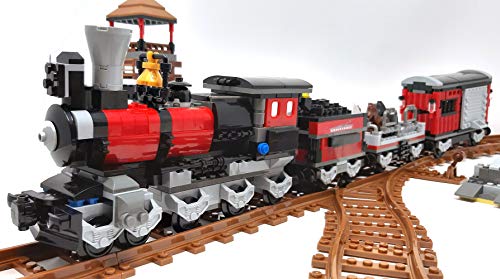 Modbrix Bausteine Wild West Eisenbahn Zug mit 3 Waggons,Schienen und Draisine – Bild 6