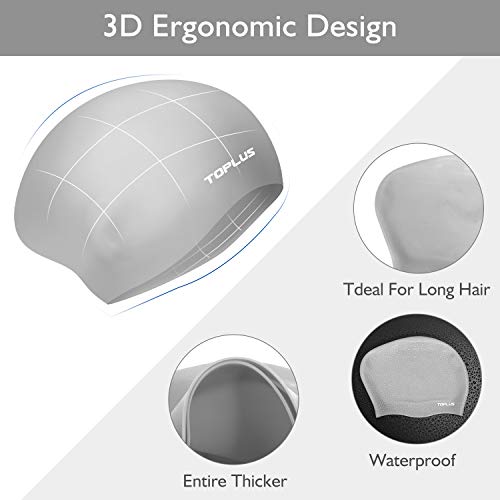 TOPLUS Swim Cap Women, Silicone Swimming Caps for Women Swim Caps for Long Hair Swim Cap Girls - 3D Ergonomic Design Comfortable and Durable Comes with Nose Clip & Ear Plugs - Gray - Thumbnail 2