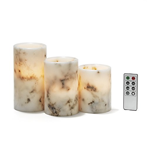 3 Marble Flameless Pillar Candles, Warm White LEDs, Black & White Wax Blend, Remote and Batteries Included