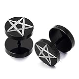 Black Stainless Steel Mens Pentagram Stud Earrings, Cheater Fake Ear Plugs Gauges Illusion Tunnel 2 Pcs