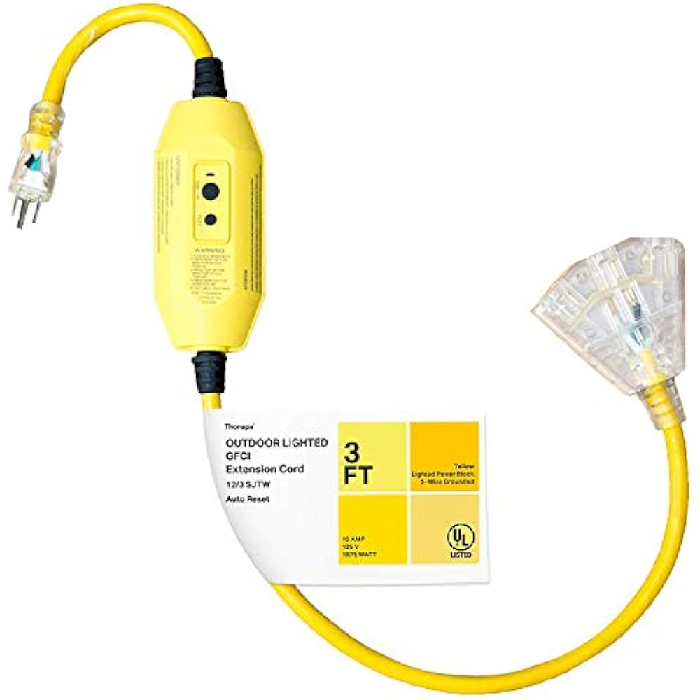 3 Foot Lighted Outdoor GFCI Extension Cord 12/3 SJTW Heavy Duty
