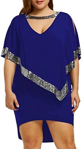 Kangma Women Summer Spring Chiffon Plus Size Sequined Decorated V-Neck Half Sleeve Sparkly Capelet Dress