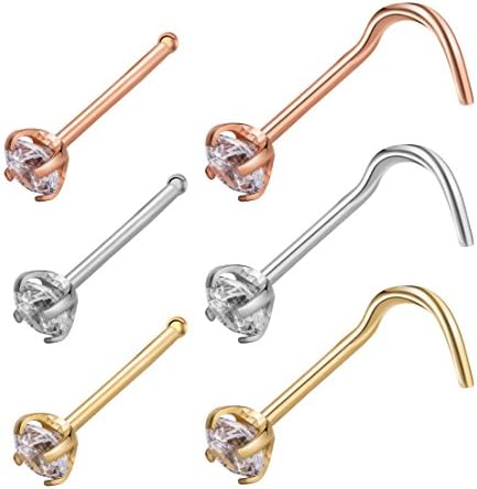 Gold Nose Rings Stud Jewelry - Cubic Zirconia Diamond L Shape Stainless Steel 20G Nose Piercing Jewelry 6pcs