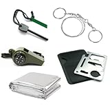 ChineOn Outdoor Emergency Survival Kit : Thermal Blanket + Larger Size Fire Starter Flint + Wire Saw + 3in1 Whistle + Card Knife