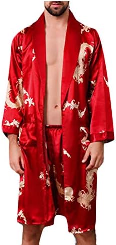Gnao Men's Fashion Faux Silk Dragon Print Long Sleeve Kimono Belted Bathrobe
