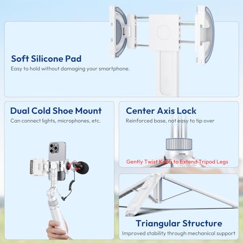 ULANZI TT88 Magnetic Tripod for iPhone, 57" Extendable Selfie Stick with Remote, 2-in-1 Phone Clip & Dual Cold Shoe Mounts-Lightweight Phone Tripod Stand for Vlogging, Travel, Video Recording (White)