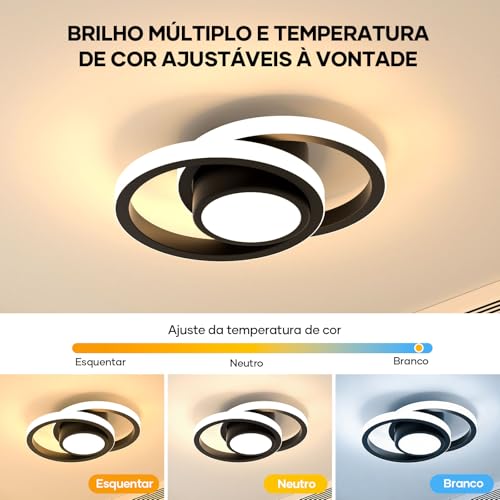 Trailabo Luminária LED de Teto, Luminária Redonda + Duas Fitas de Luz Circulares, Iluminação Ajustável em Três Cores, para Sala e Quarto, 3000-6000K (Preto)