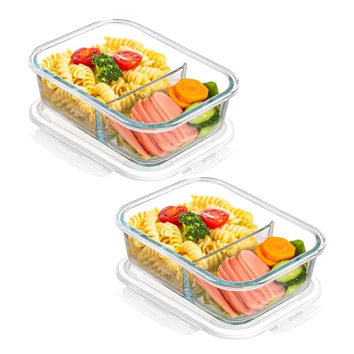 LEKEFETO 2 Stück Meal Prep Boxen Glas: Glasbehälter mit Deckel mit 2 Fächer, Glass Meal Prep Containers 1040ml, Glas Frischhaltedosen BPA-Frei, Luftdicht, für Spülmaschine, Mikrowelle, Ofen thumbnail 1