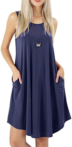 peassa Womens Casual Loose T Shirt Tunic Beach Pockets Tank Dresses Deep Blue S